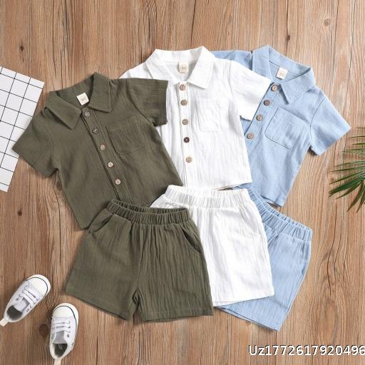  Boys' Cotton and Hemp Set, Children's Summer Casual Style Clothes, Baby Short sleeved Polo Shirt, Solid Color Two piece Set