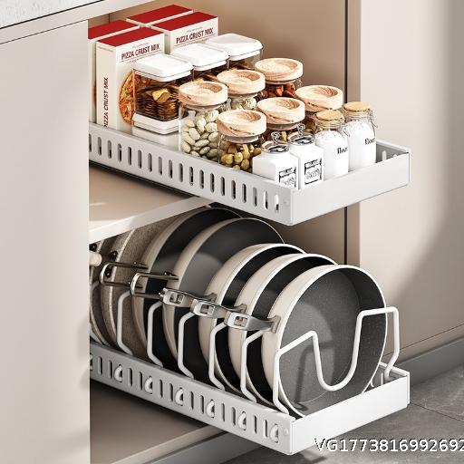 Adjustable cookware storage rack, kitchen pull-out shelf, cabinet organizer countertop
