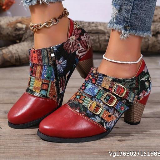 Autumn/Winter New Coarse Heeled Women's Short Boots Large Pointed Women's Martin Boots High Heels Ethnic Style Bare Boots