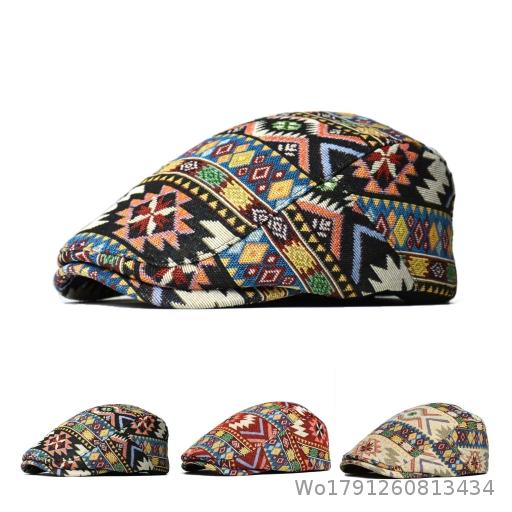 Artistic Retro Ethnic Style Printed Forward Hat Women's British Versatile Reverse Wearing Newspaper Hat Duck Tongue Beret Hat
