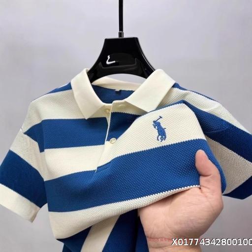 Summer striped short sleeved casual trendy brand men's lapel embroidered T-shirt fashionable and versatile