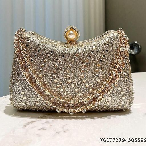 Evening Party Clutch with Swarovski Rhinestone Embellished Handbag, Lock-Pick Evening Clutch with Chain, Luxury Evening Clutch for Women, Chain Strap Evening Party Handbag