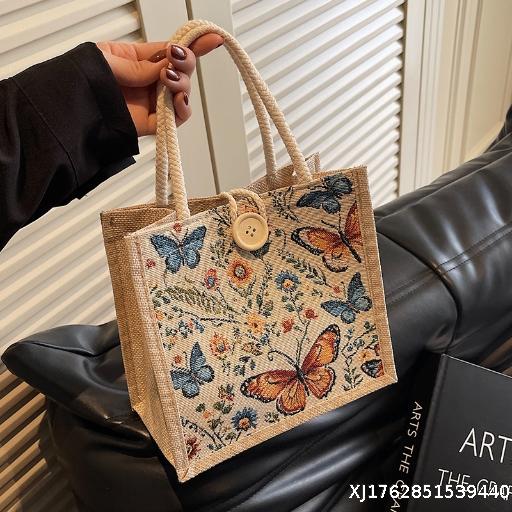 Bento Bag Women 2025 New Trendy Bag Women Ins Butterfly Embroidery Storage Linen Bag Trendy New Product