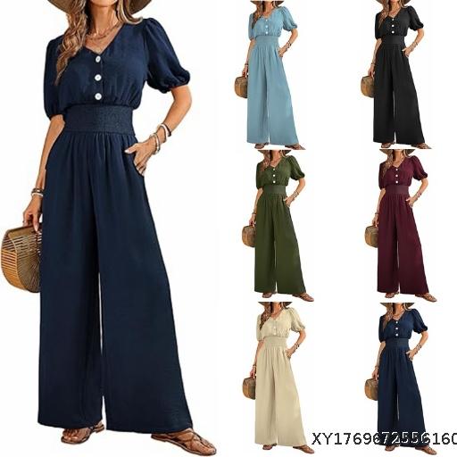2025 Summer Women's jumpsuit button short sleeved V-neck pleated jumpsuit casual wide leg pants