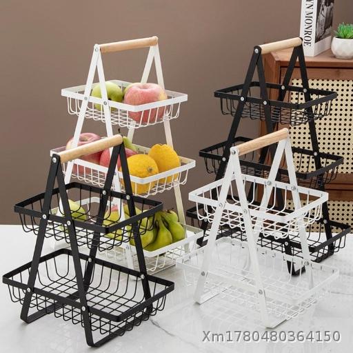  New Wooden Handheld Basket, Iron Multi functional Fruit Basket, Kitchen Multi layer Snack Storage Rack Wholesale