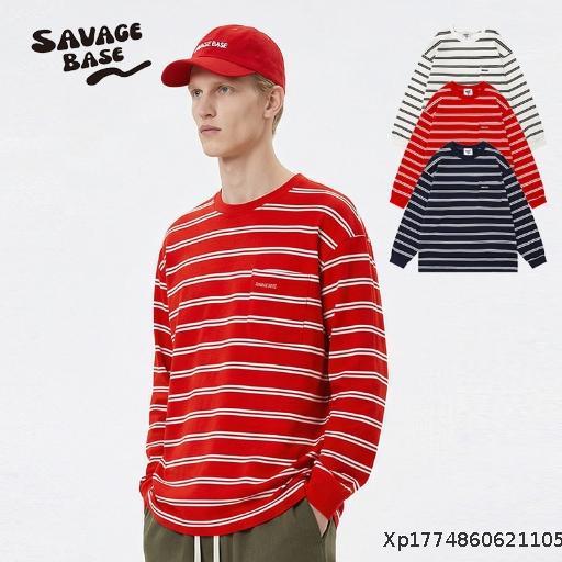 Retro striped T-shirt men's and women's long sleeved spring and autumn versatile basic base shirt