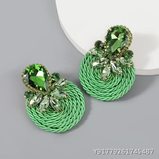  Wholesale of 10 pieces of exaggerated geometric glass diamond studded polyester elastic thread woven circular earrings for women's cross-border new earrings from Europe and America