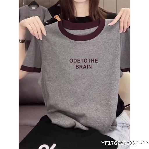 Shoulder color blocked pure cotton short sleeved t-shirt women's Korean version fashionable casual versatile top