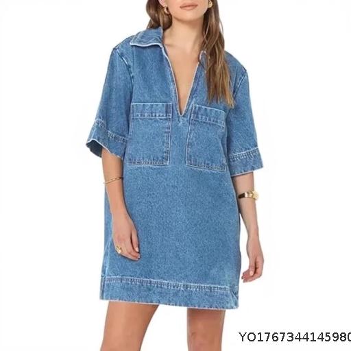 Solid color denim skirt European and American fashion versatile loose V-short sleeved dress for women