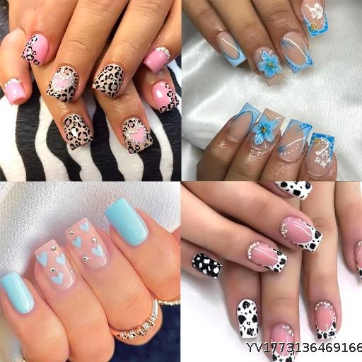 MOQ3,24-piece set of high-end, fashionable, minimalist rhinestone nail art featuring butterflies, flowers, and cows - wholesale available.