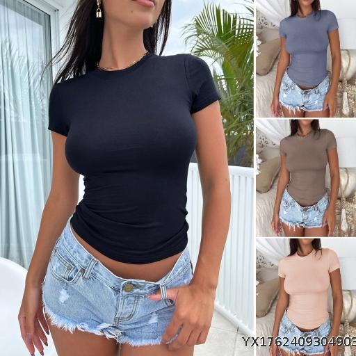 European and American Top Women's Wear 2025 Spring/Summer Y2K Style Solid Color Slimming Short Sleeve T-shirt for Women