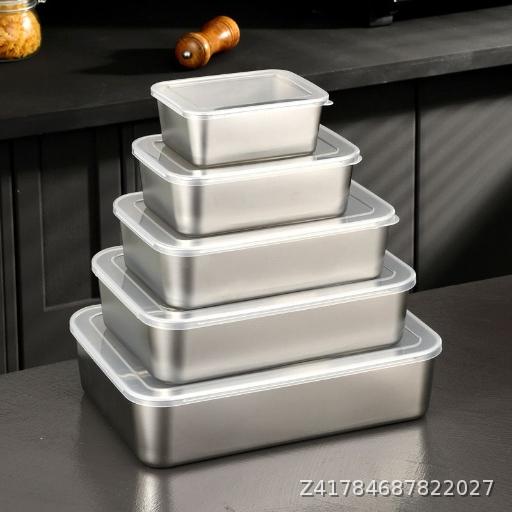  Stainless Steel Thickened Rectangular Refrigerator with Lid, Food Grade Kitchen Storage Box, Commercial