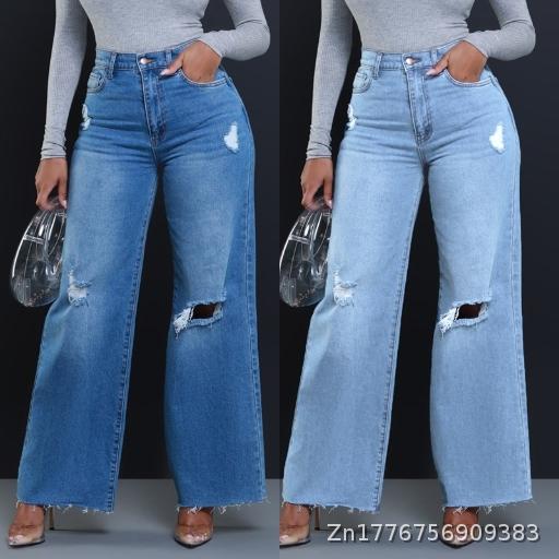 2025 New European and American Street Piercing Jeans Women's High Waist Loose Straight Leg Wide Leg Pants