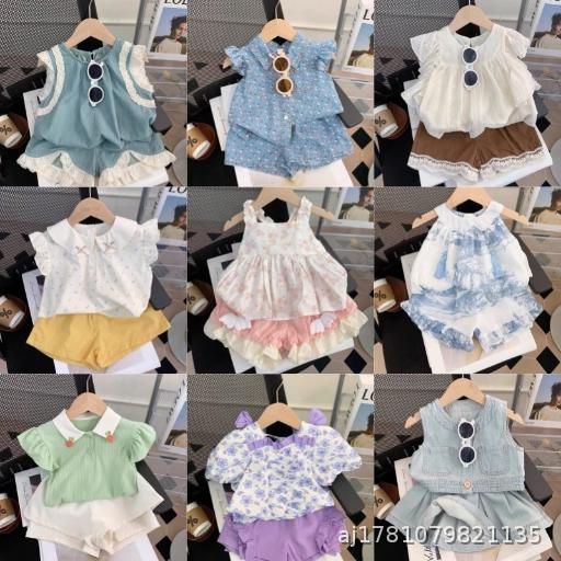 [30 sets wholesale price] Girls' Summer Set New Western Style Middle and Small Children's Baby Top Shorts Two Piece Set Children's Fashion Summer Dress