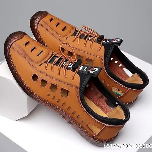 New summer online cowhide bottom sandals men's shoes versatile breathable hollow elderly leisure hole slippers