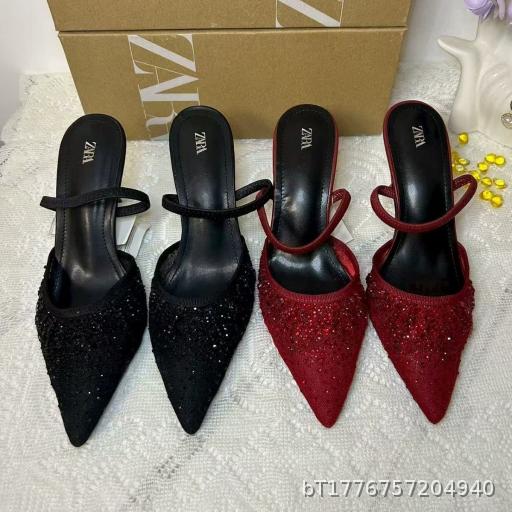 ZA2025 Summer New Mesh Breathable Water Diamond Pointed High Heels Women's Bag Head Fashion Dew Heel Fashion Sandals Women
