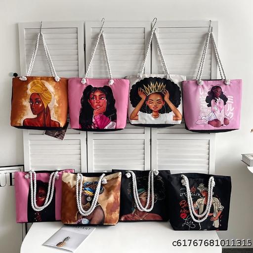 {Wholesale minimum order of 20 pieces} Practical and versatile retro canvas bag with cartoon printing, portable beach bag, large capacity