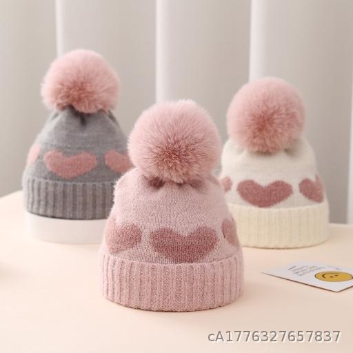 Winter Baby Hat Double layer Thickened Jacquard Love Knitted Hat 0-12 Months Newborn Woolen Hat