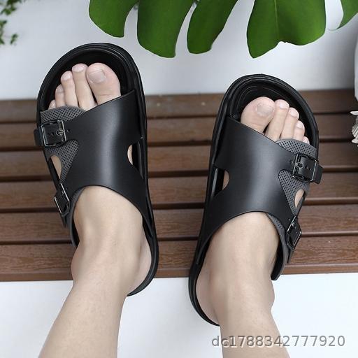  Cool slippers for summer outdoor wear, thick soled anti slip and odor proof men's casual one line mop, flat bottomed soft soled semi mop, outdoor