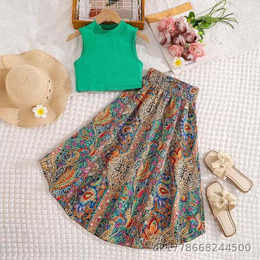 2026 Spring/Summer New Girl's Set Bohemian Ethnic Style Printed Half Skirt Round Neck Sleeveless Top Set