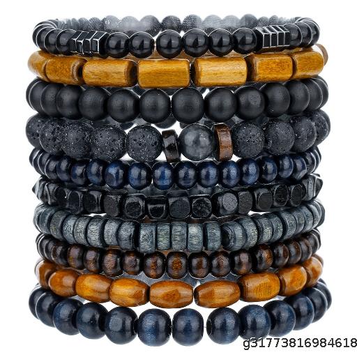 [Wholesale 5pcs] Hot selling European and American Hand Accessories Men's Retro Wooden Bead Volcanic Stone Elastic Bracelet Versatile and Small niche Stacked Bracelet Set
