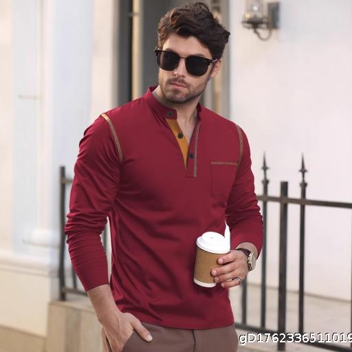 2025 New Men's Polo Shirt, Collar, Long Sleeve, Color blocked Men's Fashion, European and American Style