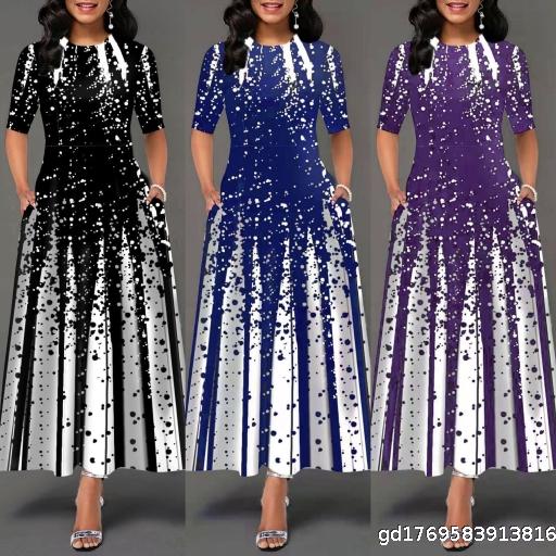 Women's Fashion Personalized Gradient Positioning Printed Round Neck Middle Sleeve Large Swing Dress