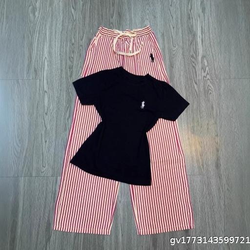 Foreign Trade Fashion Set Women's Summer New Loose Embroidered Short Sleeve T-shirt Striped Wide Leg Pants Casual Two Piece Set ins