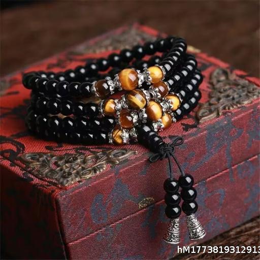 [Wholesale 5pcs] Obsidian Bracelet with 108 Buddhist Beads, Multiple Circles, Six Character Mantra, Tiger Eye Stone, Male and Female Couple's Jewelry Gift