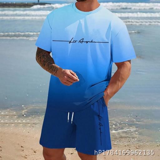 Men's short-sleeved shorts suit casual sporty gradient lettering