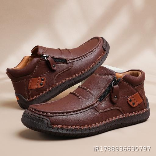 Men's Shoes Outdoor Casual Shoes One Step Flat Bottom Handmade Stitching Leather Shoes High Top Large Shoes Martin Boots