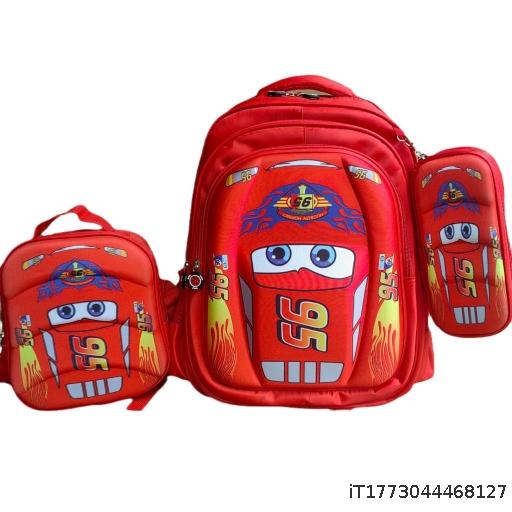 Three piece backpack for elementary school students cartoon 95 car lunch bag large capacity pencil case