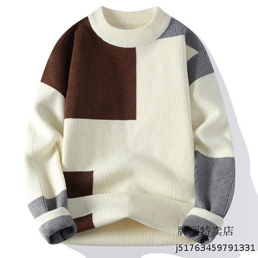 Color blocked sweater men's autumn and winter round neck knitted sweater men's inner layer bottom sweater youth hooligan handsome woolen sweater jacket