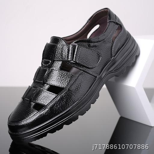 Summer Men's Sandals Cowhide Breathable Hollow out Non slip Casual Leather Shoes Leather Hole