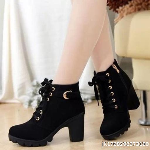 New high-heeled women's boots with cross straps, short boots with thick heels, Martin boots, leather boots