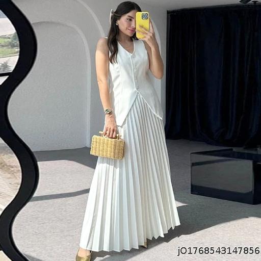 European and American set women's sleeveless vest summer temperament elegant half skirt pleated women's two-piece set summer