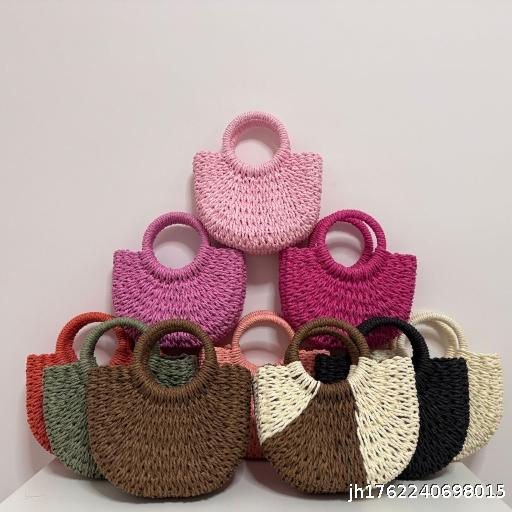 New Color Round Bucket Bag Straw Woven Bag Half Round Moon Bag Straw Woven Bag Handbag