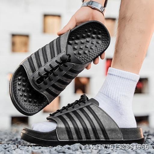 European and American Fashion Boken Slippers Men's Versatile Summer Outerwear One line Dragging Massage Soft Bottom Beach Cool Slippers