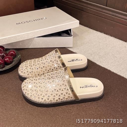Thick bottom fishing net sequined toe cap half slippers for women's summer outdoor wear 2026 new one foot slip anti slip fairy style slippers