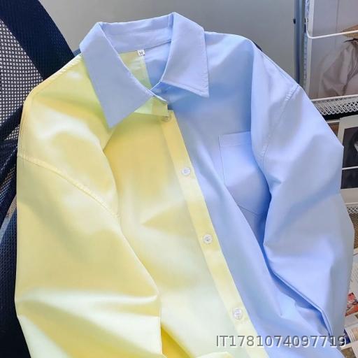 Women's long sleeved fashionable color blocked shirt Korean loose college style Western style shirt