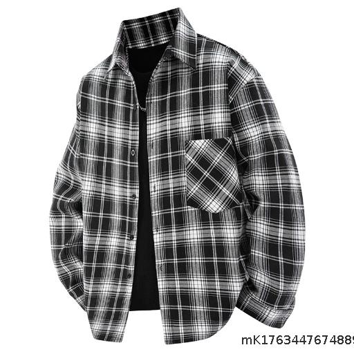 Men's casual long sleeved shirt, plus size brushed plaid men's shirt