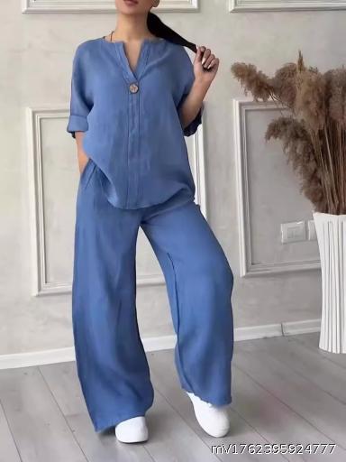Fashionable European and American women's clothing, comfortable loose top, wide leg pants, casual cotton and linen set
