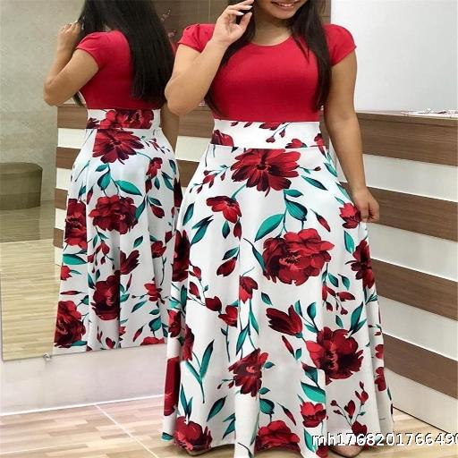 European and American style flower print color blocked short sleeved plus size dress for women