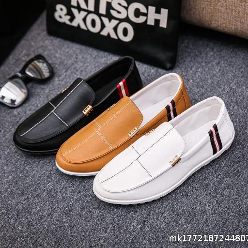 Bean Shoes Men's Casual Leather Korean Edition Trendy Versatile Casual Shoes Lightweight Driving Low Top Flat Heel Round Head Single Shoe
