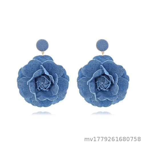 Handmade Denim Flower Earrings Retro Style Fabric Rose Flower Earrings Exaggerated Earrings Female