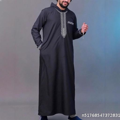  Muslim Men's Embroidered Hooded Robe Middle Eastern Juba Loose Long Sleeve Ethnic Style