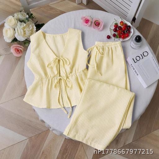 Summer Solid Color Stripe Set Casual Strap Versatile Tank Top Loose Strap Solid Color Pants Casual Sweet Set