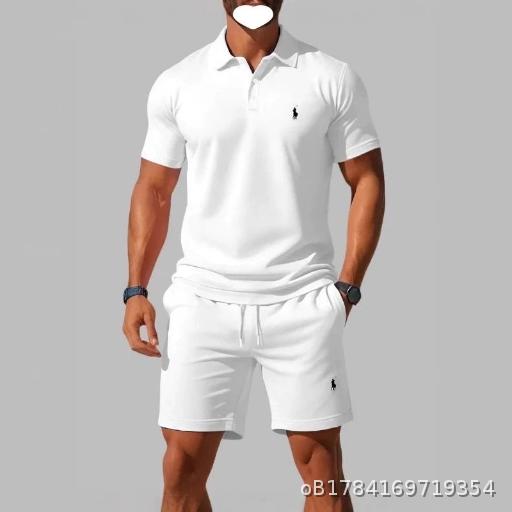 Men's Fashion Printed Short-Sleeve Button-Up Polo Set (Two Pieces)