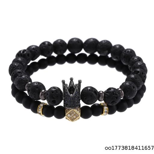 [Wholesale 5pcs] Punk Style 8mm Molten Rock 6mm Black Matte Crown Diamond Spacer Elastic Set Bracelet Jewelry