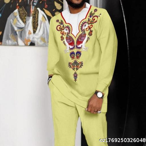 Hot Selling Men's Sportswear Set African Ethnic Pattern Geometric Design Sleeve Line Design Long Sleeve Two-Piece